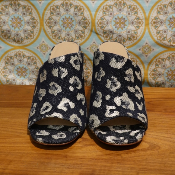 POUR LA VICTOIRE Indigo Hued Leopard Patterned Mules with Cylindrical Heel, 7½ - Picture 2 of 8